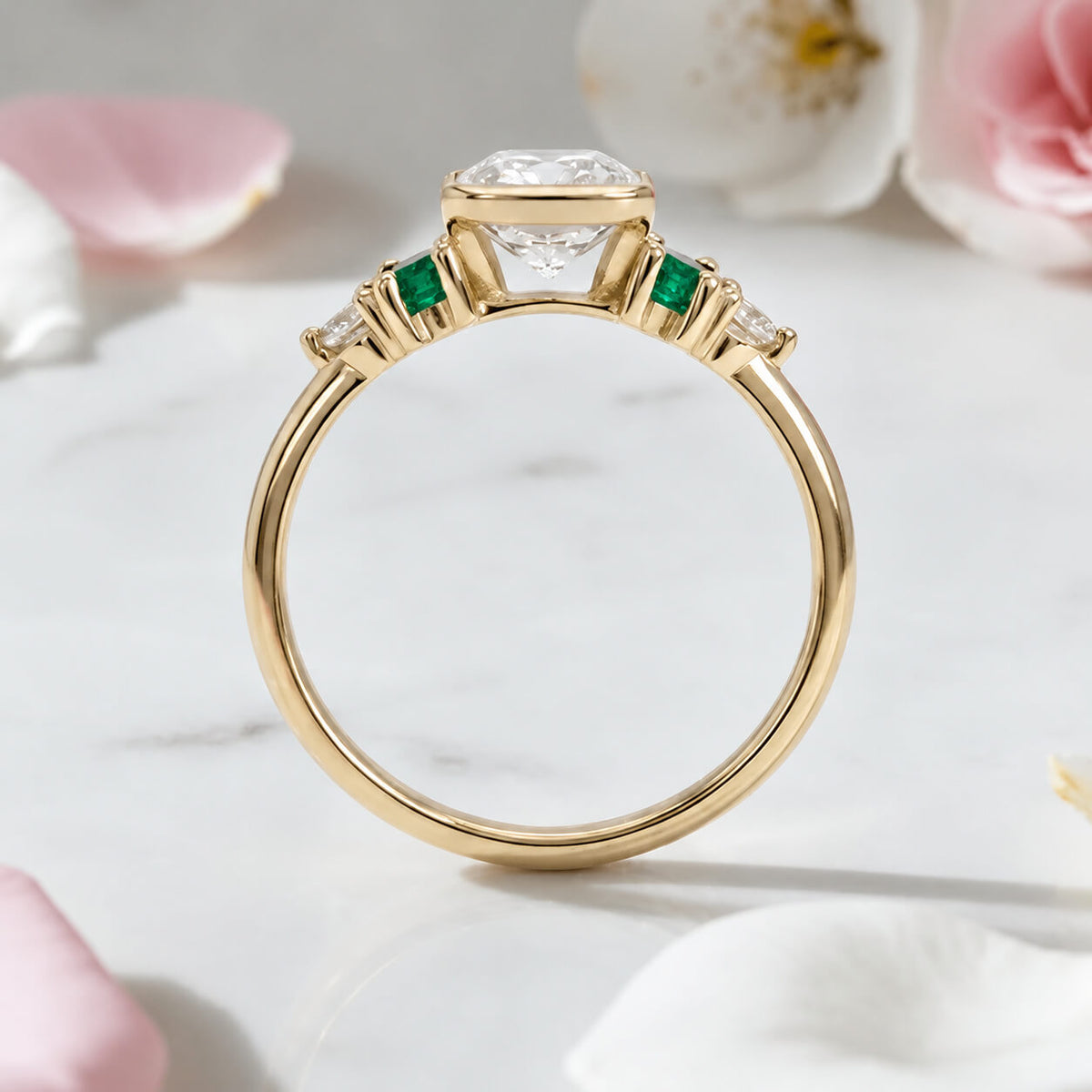 Half Bezel Setting Yellow Gold Cushion Cut White & Emerald Sapphire Five Stone Engagement Ring