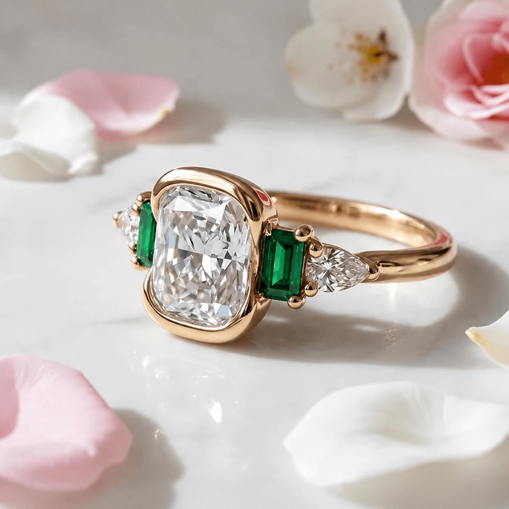 Half Bezel Setting Yellow Gold Cushion Cut White & Emerald Sapphire Five Stone Engagement Ring
