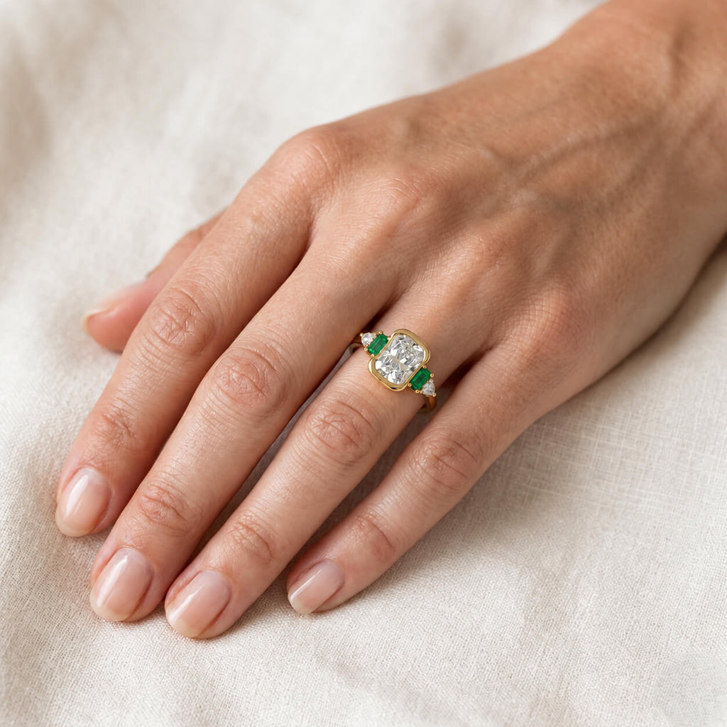 Half Bezel Setting Yellow Gold Cushion Cut White & Emerald Sapphire Five Stone Engagement Ring