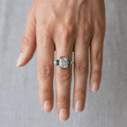 Half Bezel Setting Yellow Gold Cushion Cut White & Emerald Sapphire Five Stone Engagement Ring