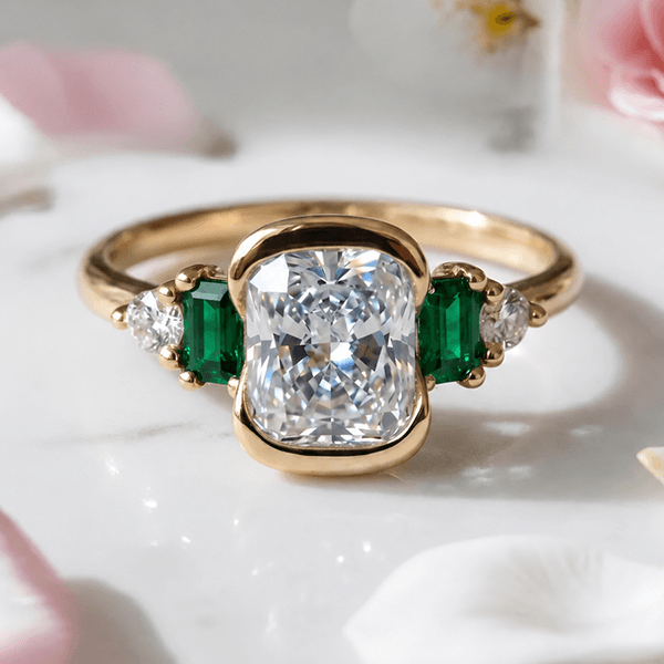 Half Bezel Setting Yellow Gold Cushion Cut White & Emerald Sapphire Five Stone Engagement Ring