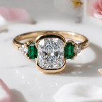 Half Bezel Setting Yellow Gold Cushion Cut White & Emerald Sapphire Five Stone Engagement Ring