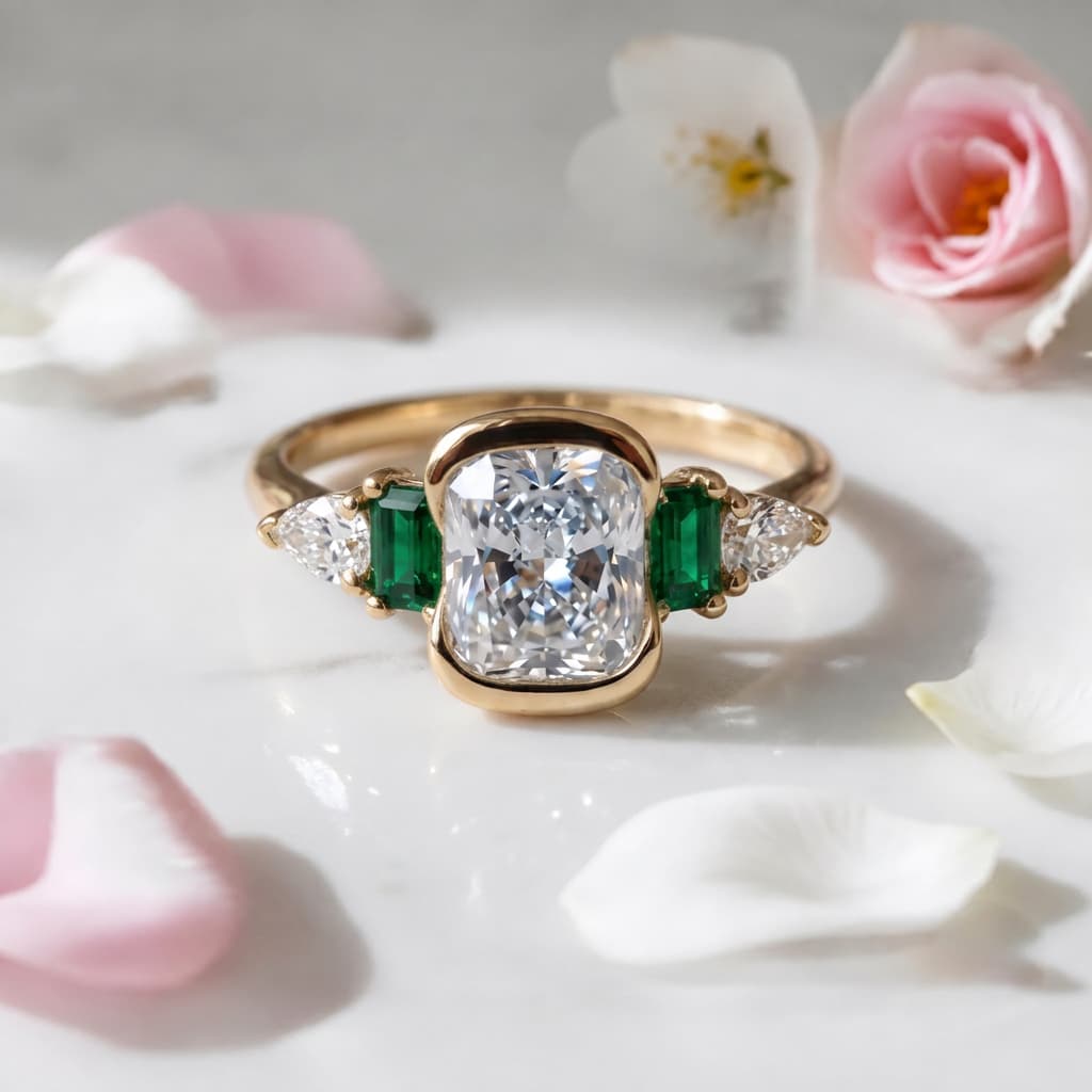 Half Bezel Setting Yellow Gold Cushion Cut White & Emerald Sapphire Five Stone Engagement Ring
