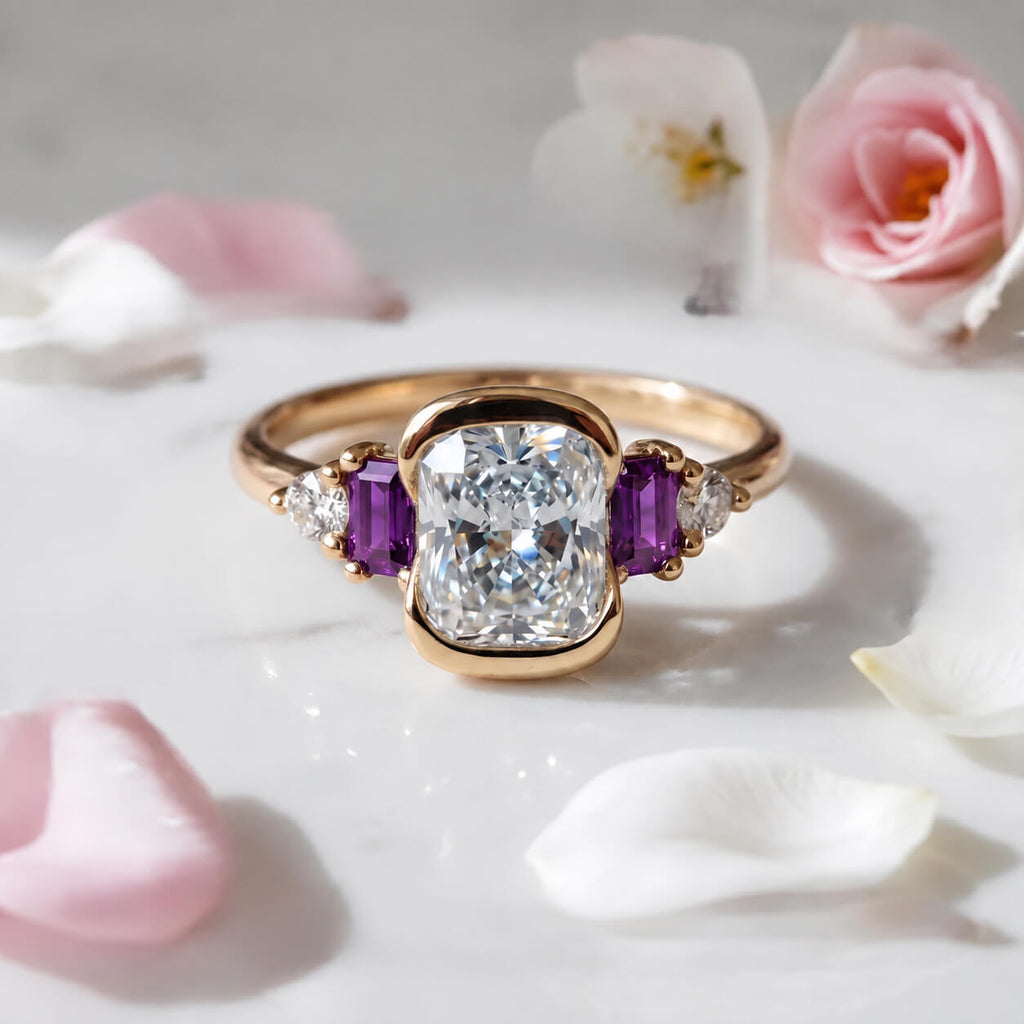 Luxury Jewelry Yellow Gold Half Bezel Cushion Cut White & Amethyst Sapphire Engagement Ring