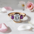 Luxury Jewelry Yellow Gold Half Bezel Cushion Cut White & Amethyst Sapphire Engagement Ring