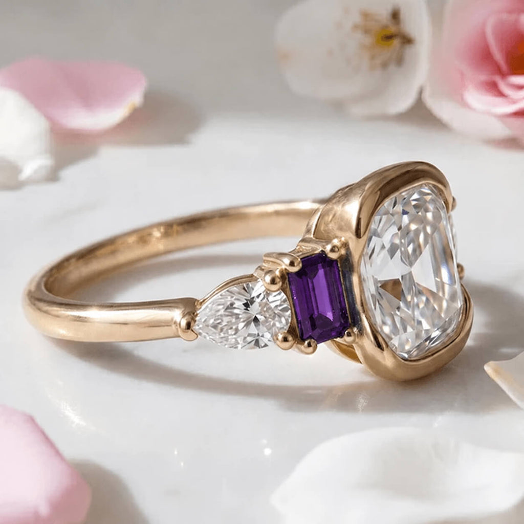 Luxury Jewelry Yellow Gold Half Bezel Cushion Cut White & Amethyst Sapphire Engagement Ring