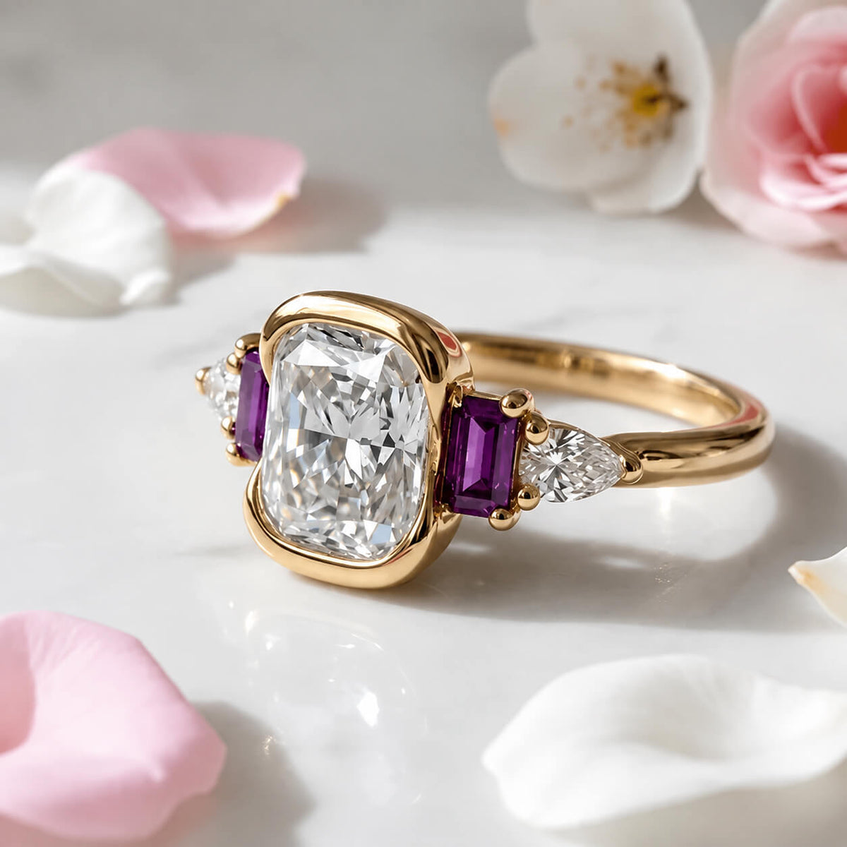 Luxury Jewelry Yellow Gold Half Bezel Cushion Cut White & Amethyst Sapphire Engagement Ring