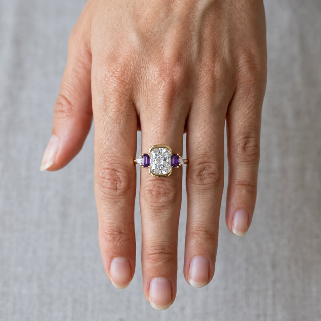 Luxury Jewelry Yellow Gold Half Bezel Cushion Cut White & Amethyst Sapphire Engagement Ring