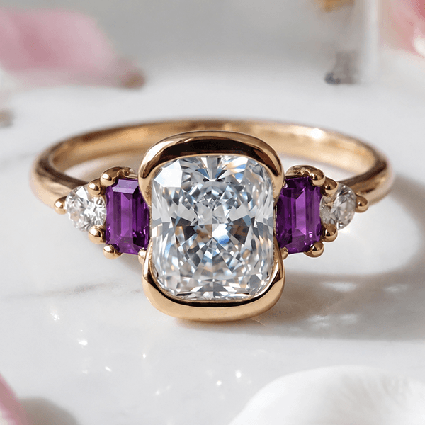 Luxury Jewelry Yellow Gold Half Bezel Cushion Cut White & Amethyst Sapphire Engagement Ring
