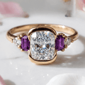 Luxury Jewelry Yellow Gold Half Bezel Cushion Cut White & Amethyst Sapphire Engagement Ring