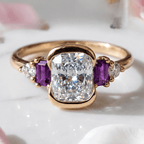 Luxury Jewelry Yellow Gold Half Bezel Cushion Cut White & Amethyst Sapphire Engagement Ring