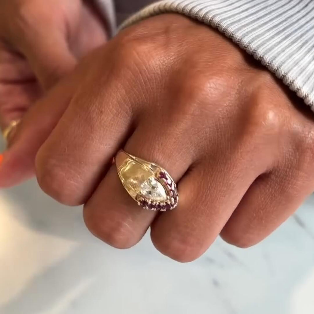 Vintage Yellow Gold Halo Pear Cut White Sapphire Cocktail Ring For Women