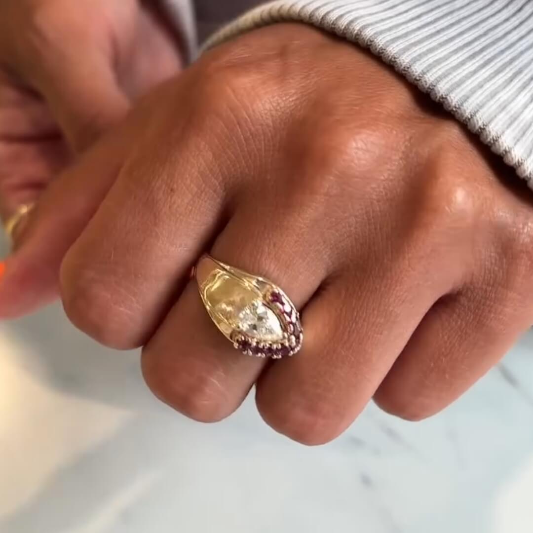 Vintage Yellow Gold Halo Pear Cut White Sapphire Cocktail Ring For Women