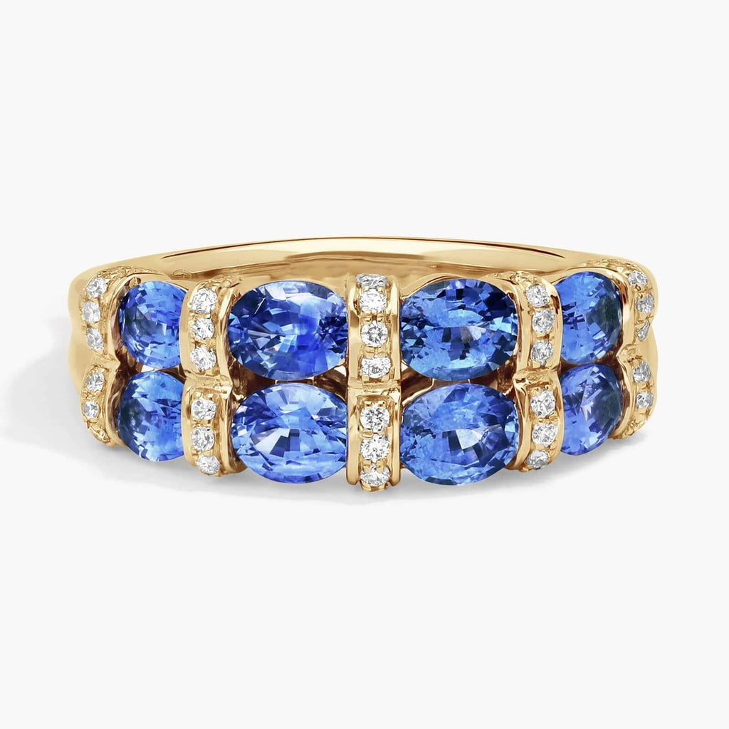 Double Row Yellow Gold Oval Cut Blue Sapphire Half Eternity Wedding Band For Women