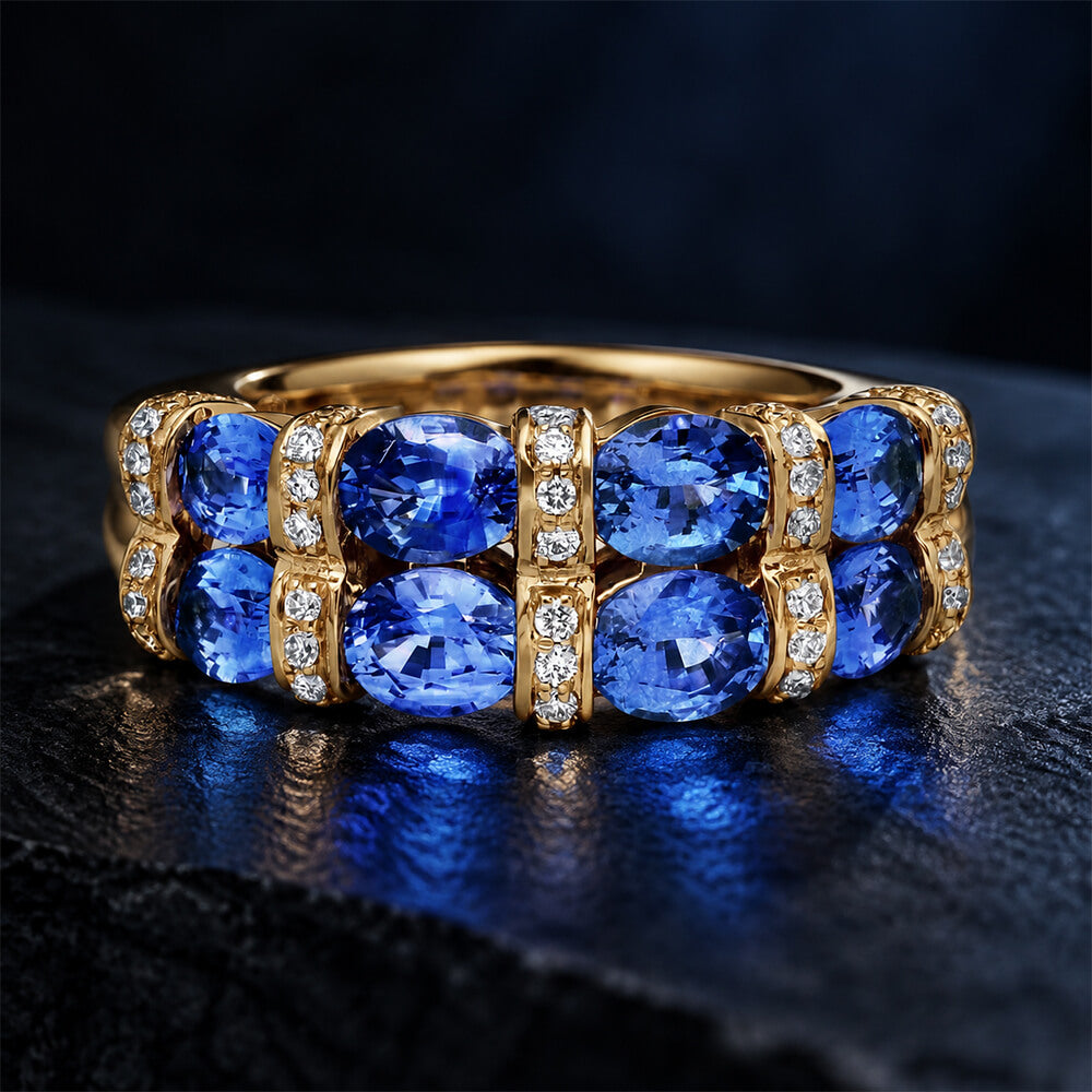 Double Row Yellow Gold Oval Cut Blue Sapphire Half Eternity Wedding Band For Women