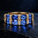 Double Row Yellow Gold Oval Cut Blue Sapphire Half Eternity Wedding Band For Women
