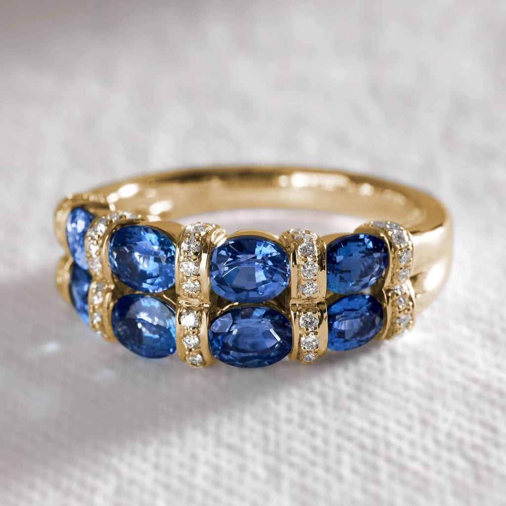 Double Row Yellow Gold Oval Cut Blue Sapphire Half Eternity Wedding Band For Women