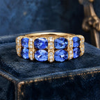 Double Row Yellow Gold Oval Cut Blue Sapphire Half Eternity Wedding Band For Women