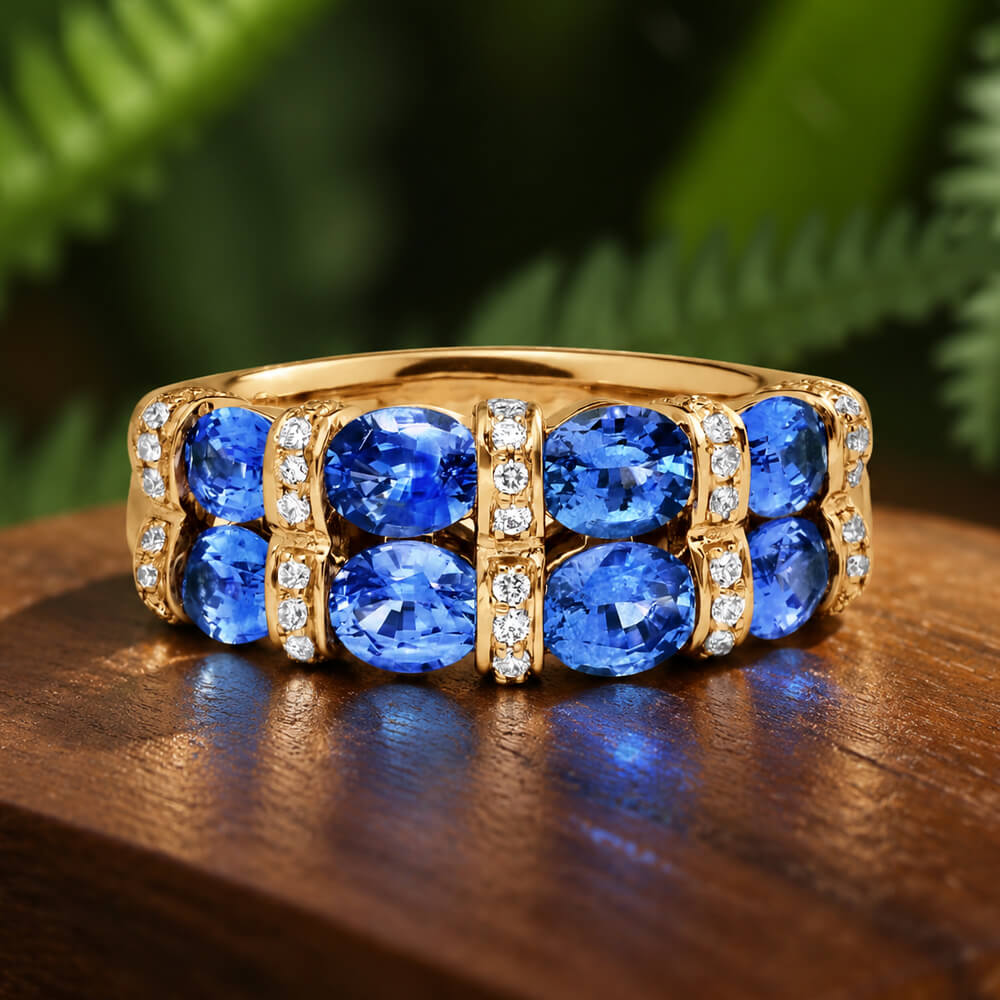 Double Row Yellow Gold Oval Cut Blue Sapphire Half Eternity Wedding Band For Women