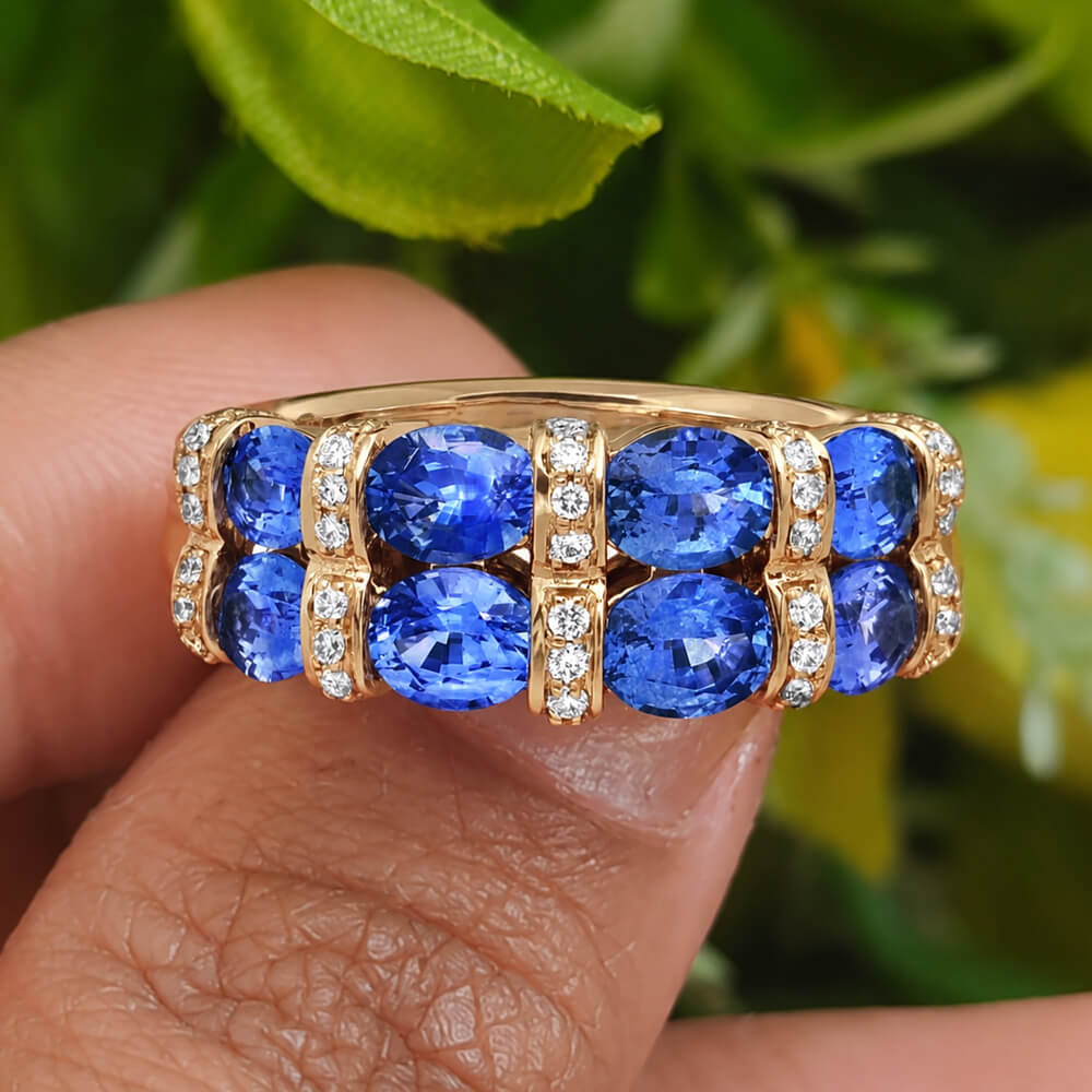 Double Row Yellow Gold Oval Cut Blue Sapphire Half Eternity Wedding Band For Women