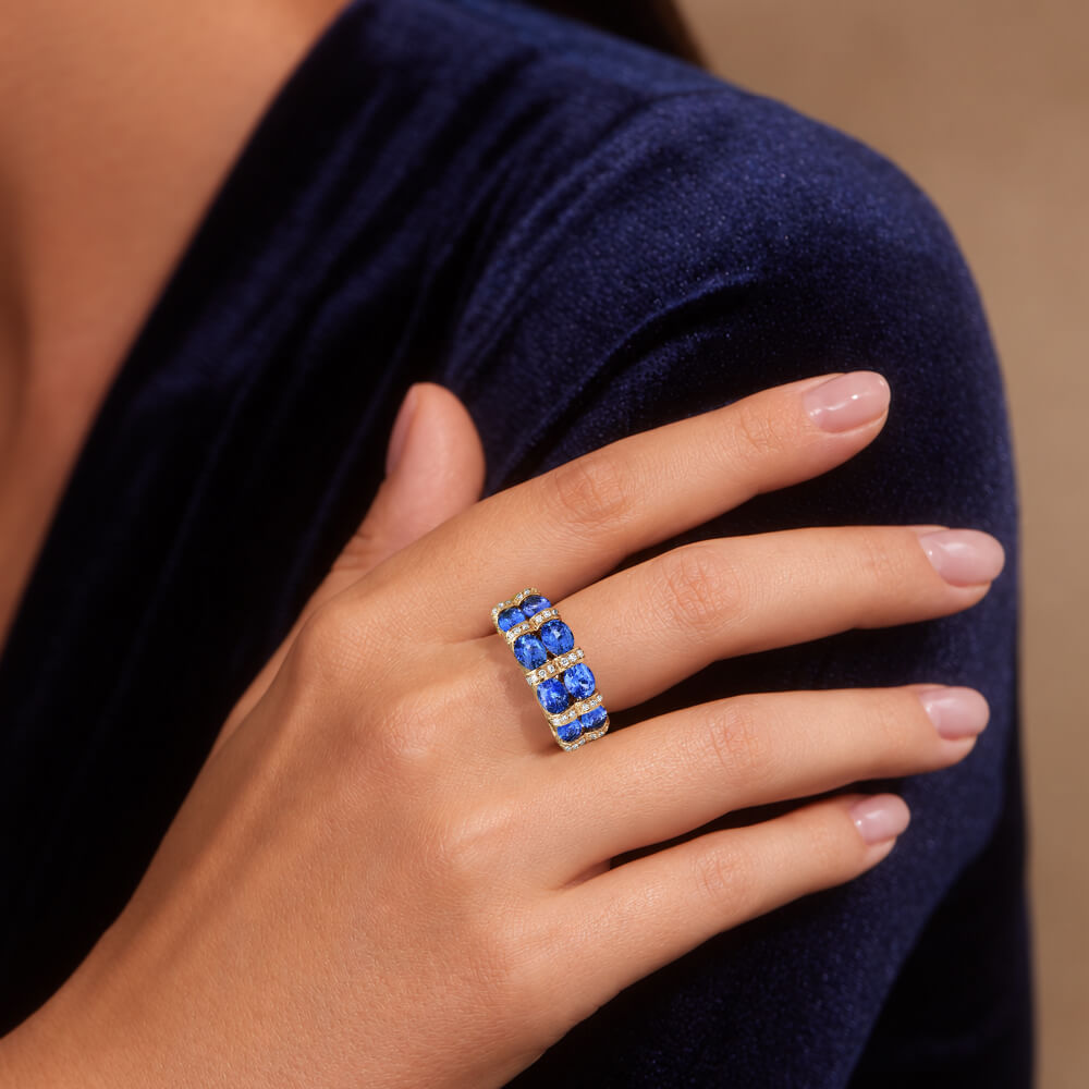 Double Row Yellow Gold Oval Cut Blue Sapphire Half Eternity Wedding Band For Women