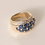 Estate Yellow Gold Multi Row Oval Cut Blue Sapphire Half Eternity Wide Wedding Band For Women
