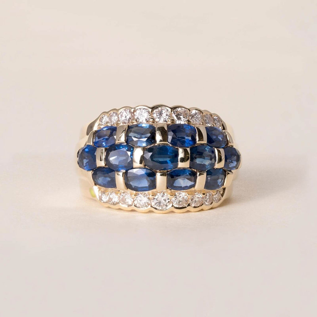 Estate Yellow Gold Multi Row Oval Cut Blue Sapphire Half Eternity Wide Wedding Band For Women