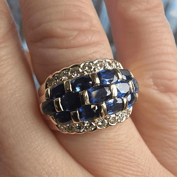 Estate Yellow Gold Multi Row Oval Cut Blue Sapphire Half Eternity Wide Wedding Band For Women