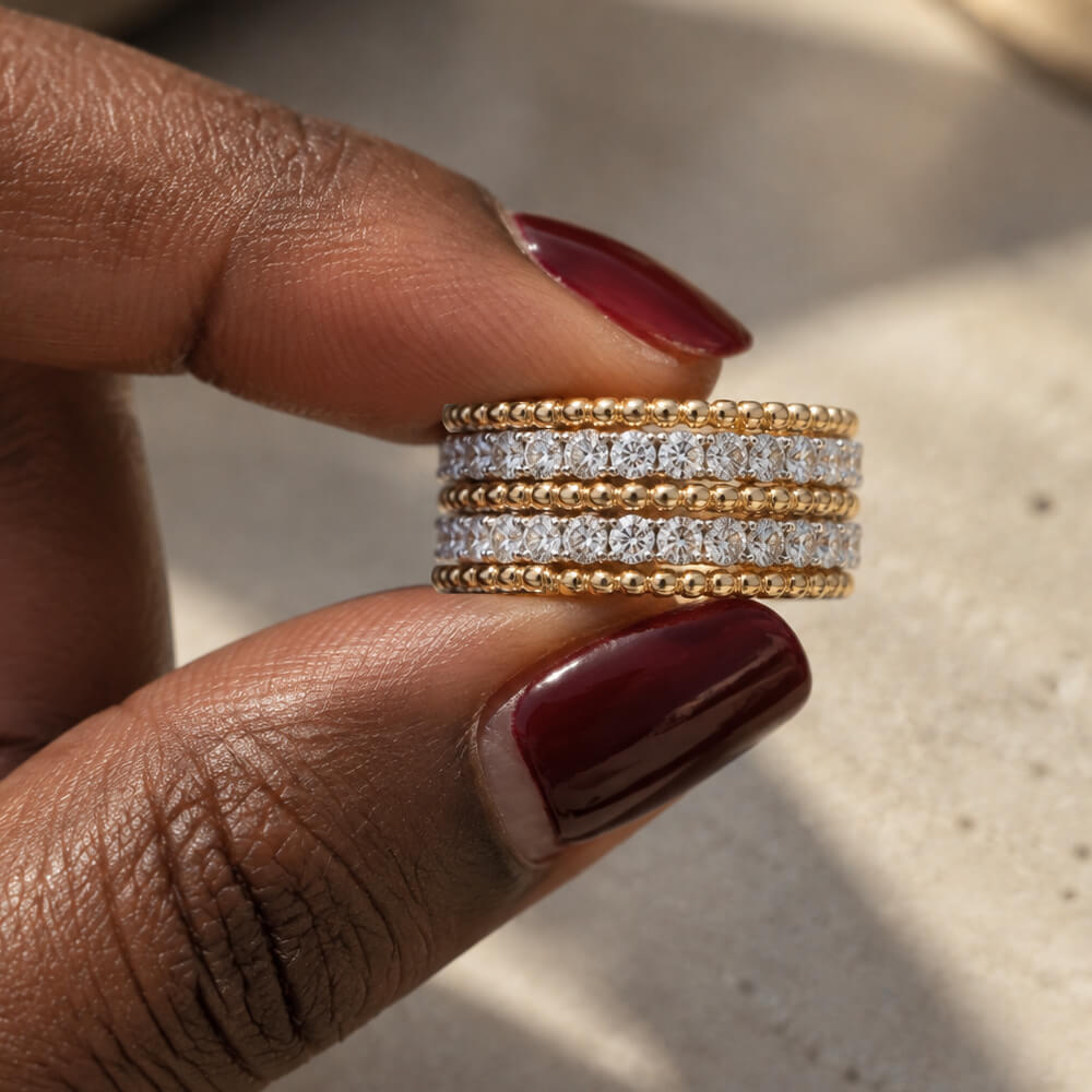 Luxury Jewelry Yellow Gold Multi Row Round Cut White Sapphire Half   Eternity Wedding Band For Women