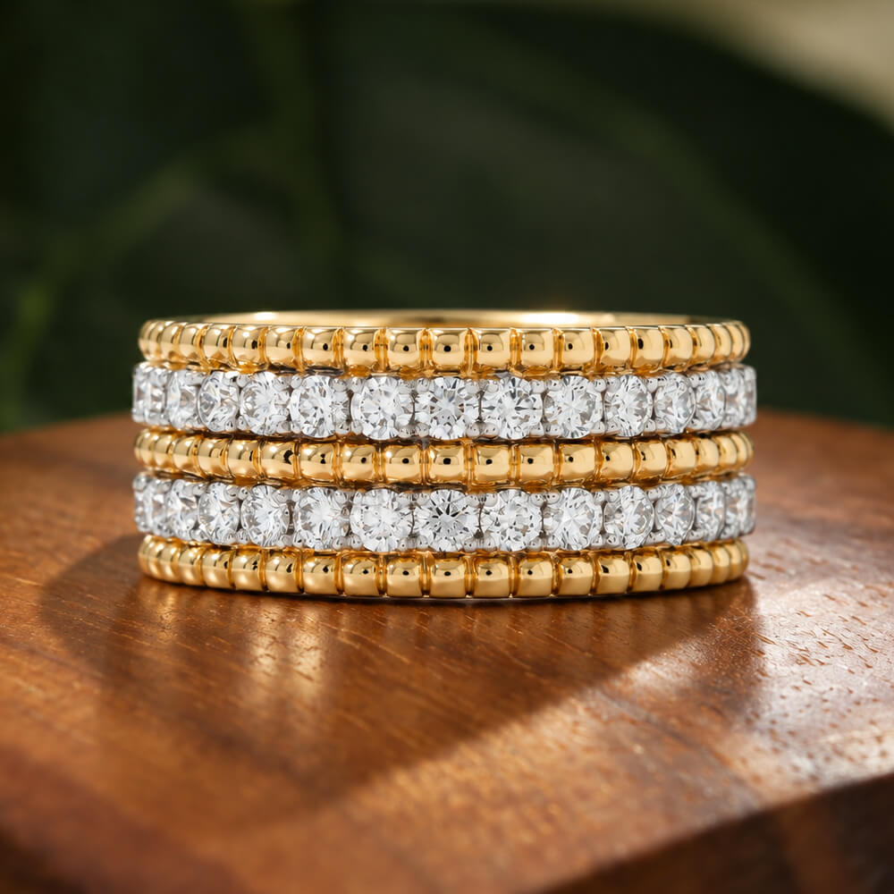 Luxury Jewelry Yellow Gold Multi Row Round Cut White Sapphire Half   Eternity Wedding Band For Women