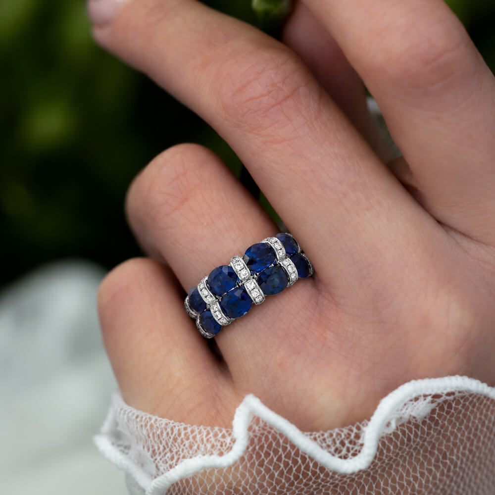 Luxury Jewelry Oval Cut Blue Sapphire Half Eternity Wedding Band For Women