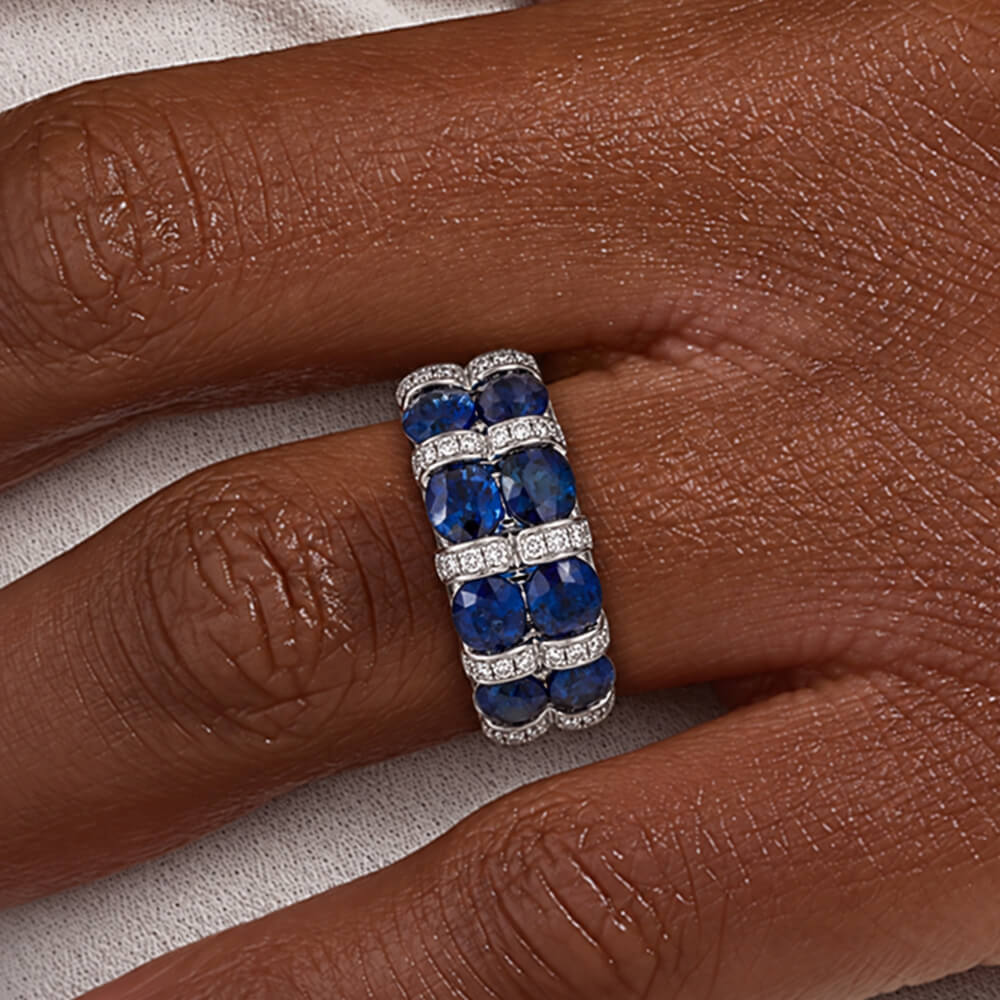 Luxury Jewelry Oval Cut Blue Sapphire Half Eternity Wedding Band For Women