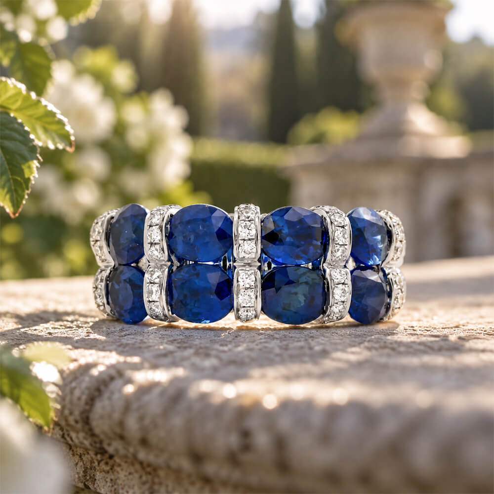 Luxury Jewelry Oval Cut Blue Sapphire Half Eternity Wedding Band For Women