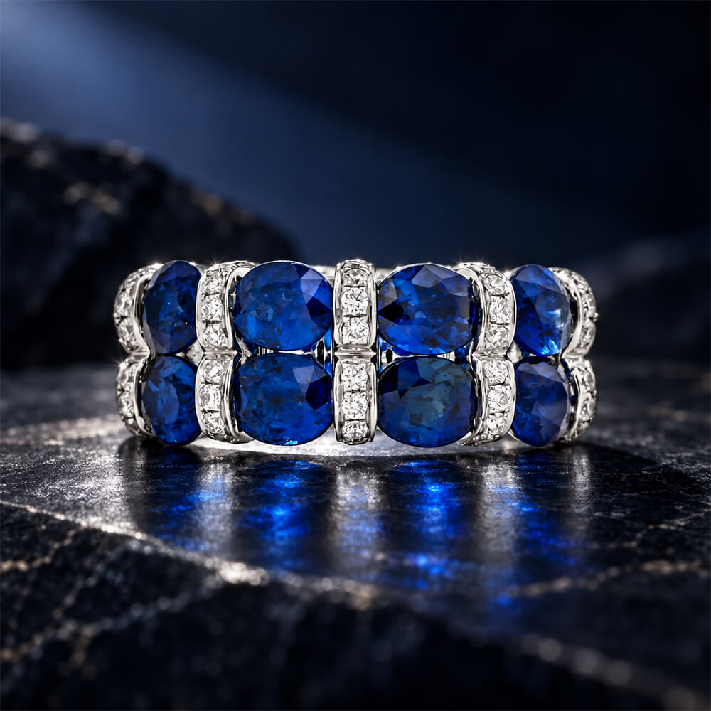 Luxury Jewelry Oval Cut Blue Sapphire Half Eternity Wedding Band For Women