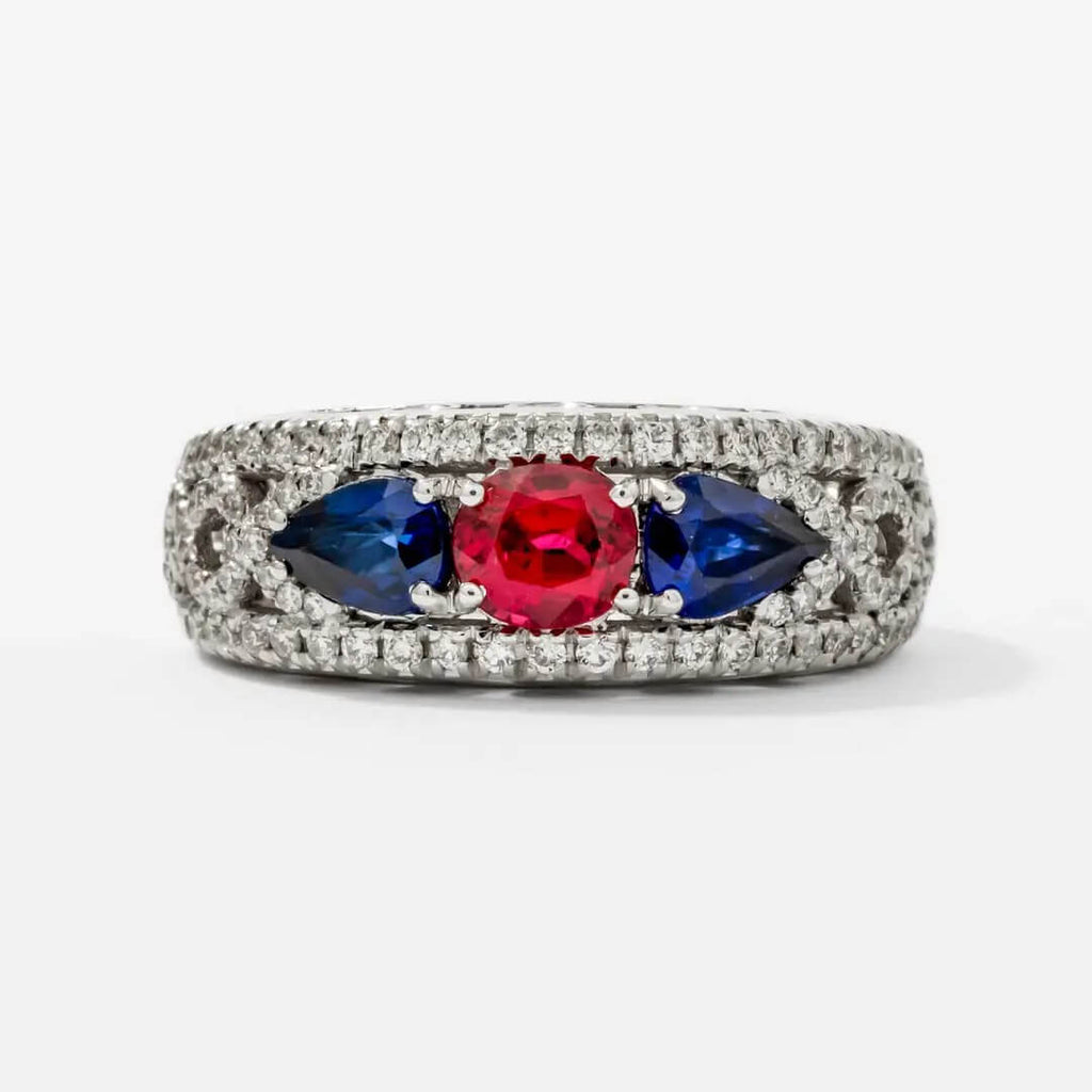 Vintage Three Stone Round & Pear Cut Ruby & Blue Sapphire Engagement Ring