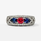 Vintage Three Stone Round & Pear Cut Ruby & Blue Sapphire Engagement Ring