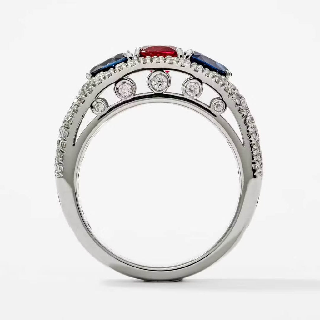 Vintage Three Stone Round & Pear Cut Ruby & Blue Sapphire Engagement Ring