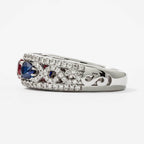 Vintage Three Stone Round & Pear Cut Ruby & Blue Sapphire Engagement Ring