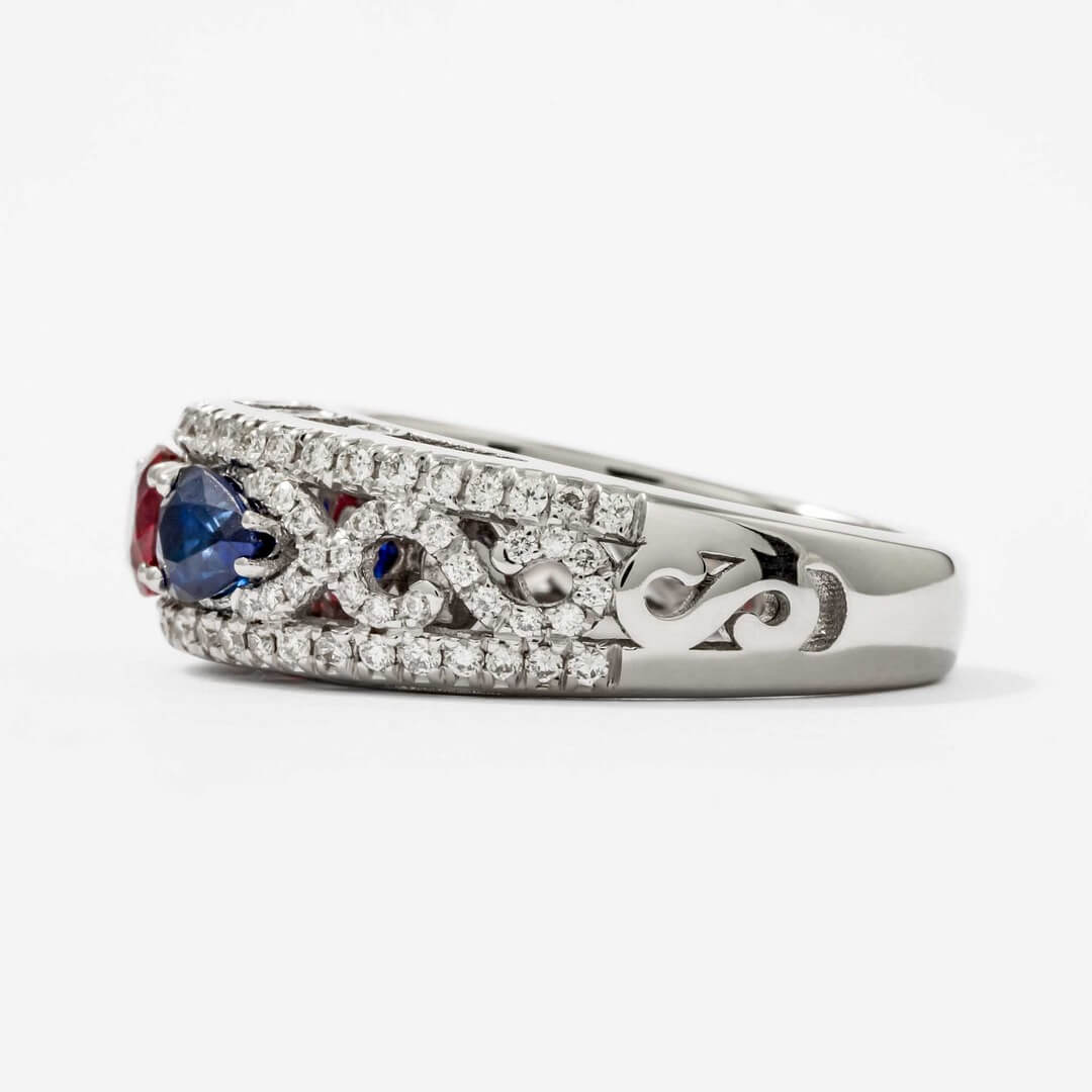 Vintage Three Stone Round & Pear Cut Ruby & Blue Sapphire Engagement Ring