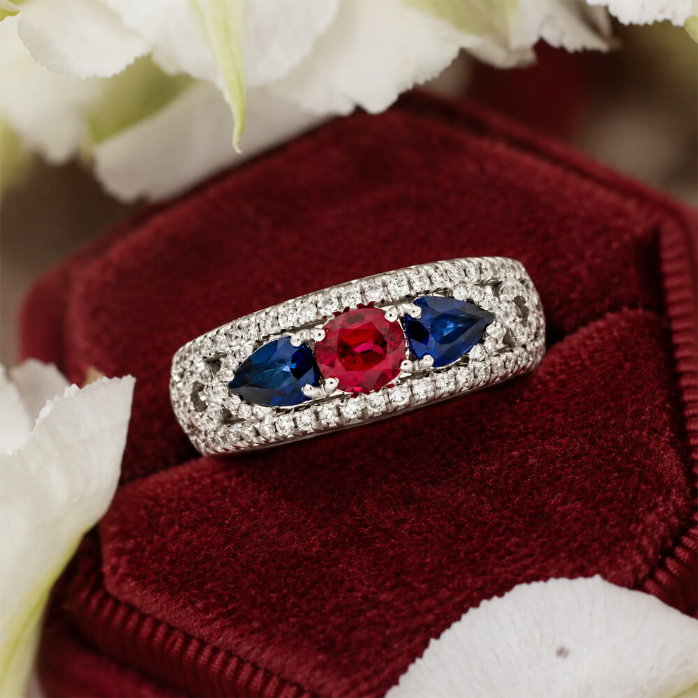 Vintage Three Stone Round & Pear Cut Ruby & Blue Sapphire Engagement Ring