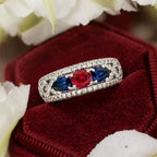 Vintage Three Stone Round & Pear Cut Ruby & Blue Sapphire Engagement Ring
