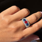 Vintage Three Stone Round & Pear Cut Ruby & Blue Sapphire Engagement Ring