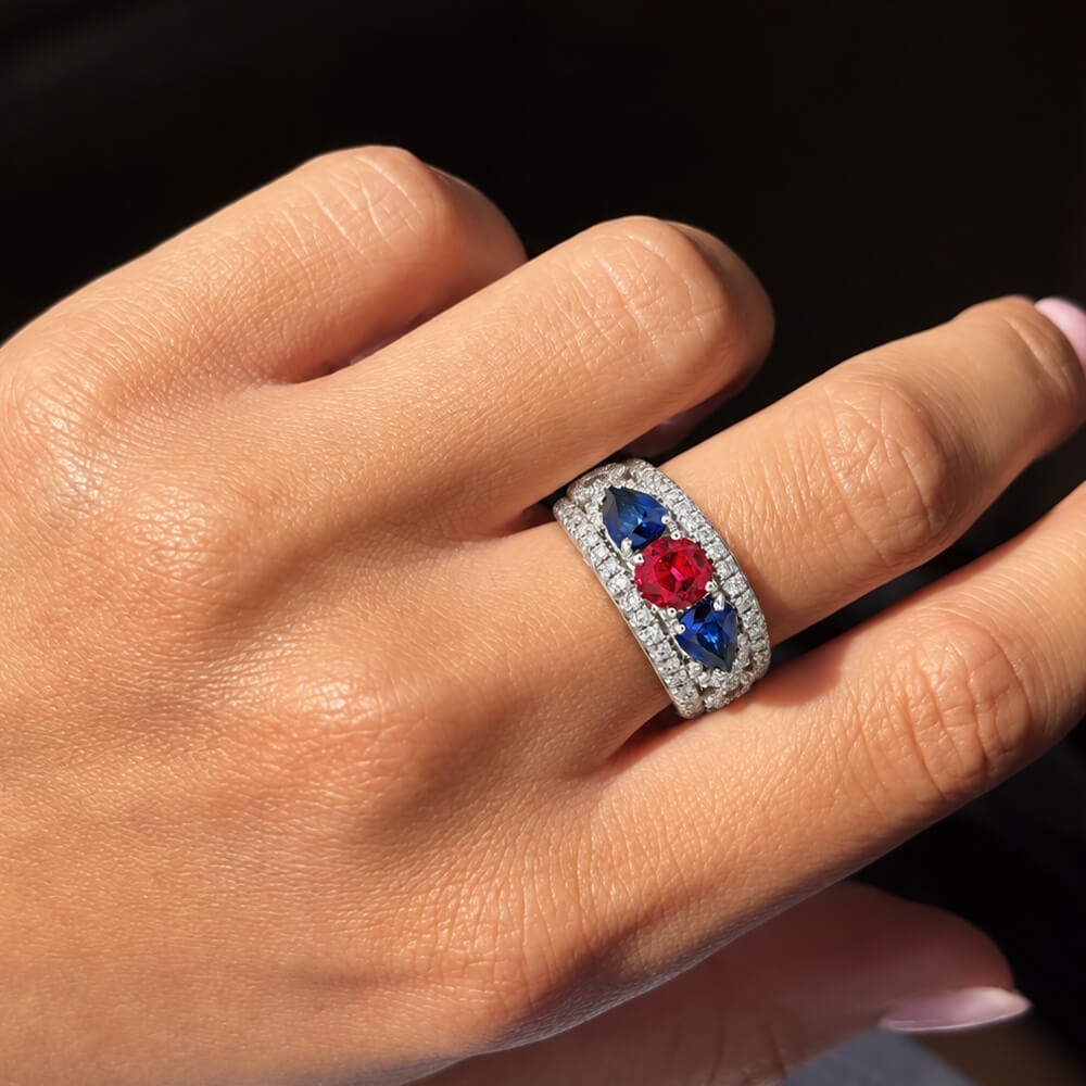 Vintage Three Stone Round & Pear Cut Ruby & Blue Sapphire Engagement Ring