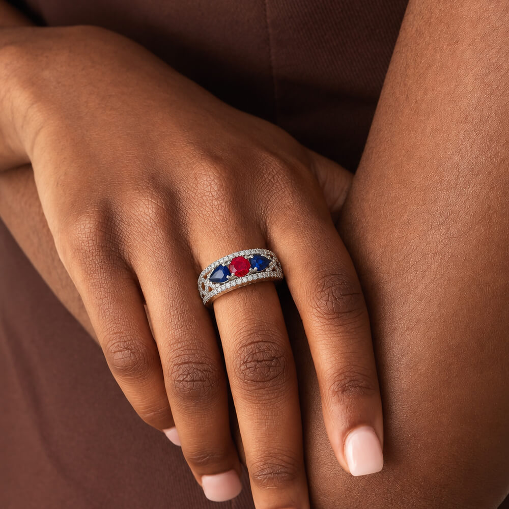 Vintage Three Stone Round & Pear Cut Ruby & Blue Sapphire Engagement Ring