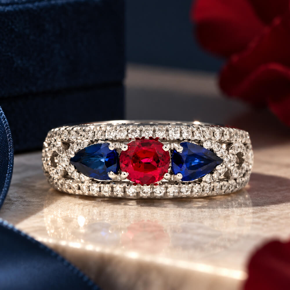 Vintage Three Stone Round & Pear Cut Ruby & Blue Sapphire Engagement Ring