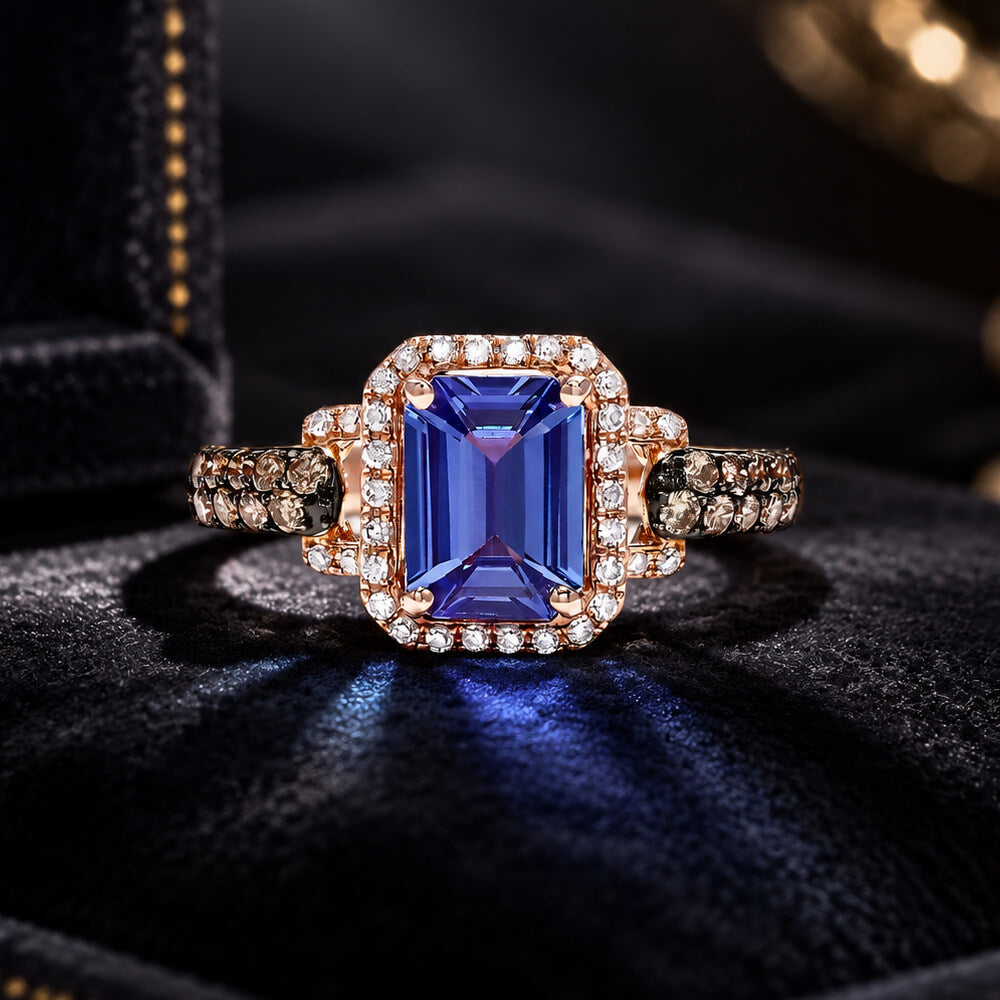 Fashion Two Tone Halo Emerald Cut Blue Sapphire Engagement Ring