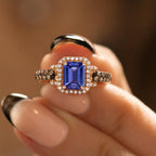 Fashion Two Tone Halo Emerald Cut Blue Sapphire Engagement Ring