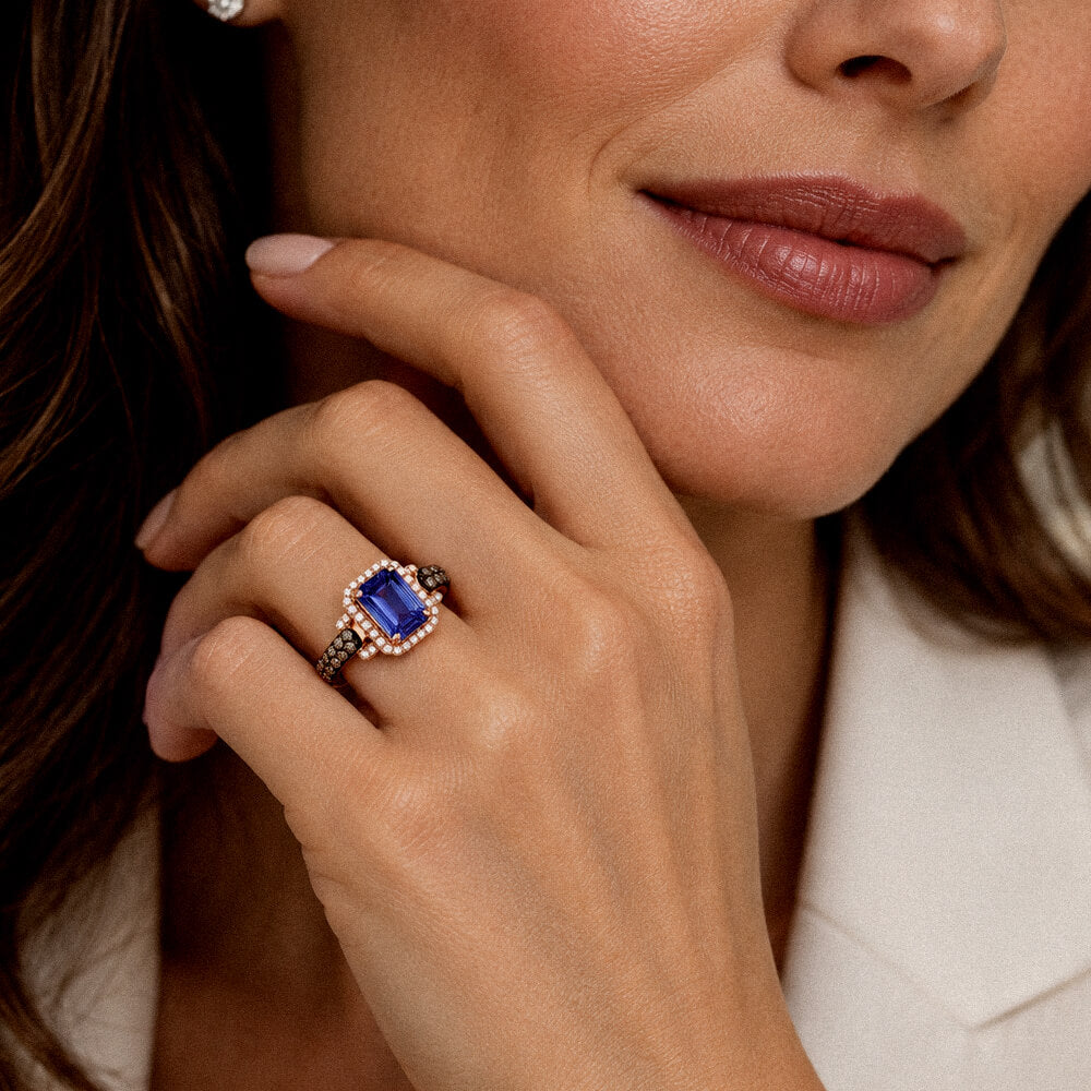 Fashion Two Tone Halo Emerald Cut Blue Sapphire Engagement Ring