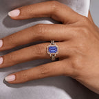 Fashion Two Tone Halo Emerald Cut Blue Sapphire Engagement Ring