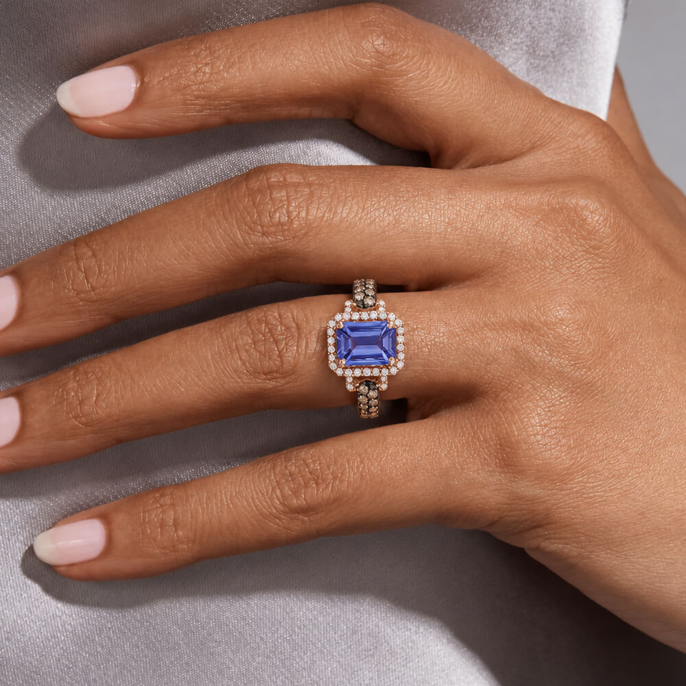 Fashion Two Tone Halo Emerald Cut Blue Sapphire Engagement Ring